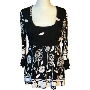 BIYAYCDA Black White Floral Tunic Scoop Neck Long Sleeves High Waist XL 091